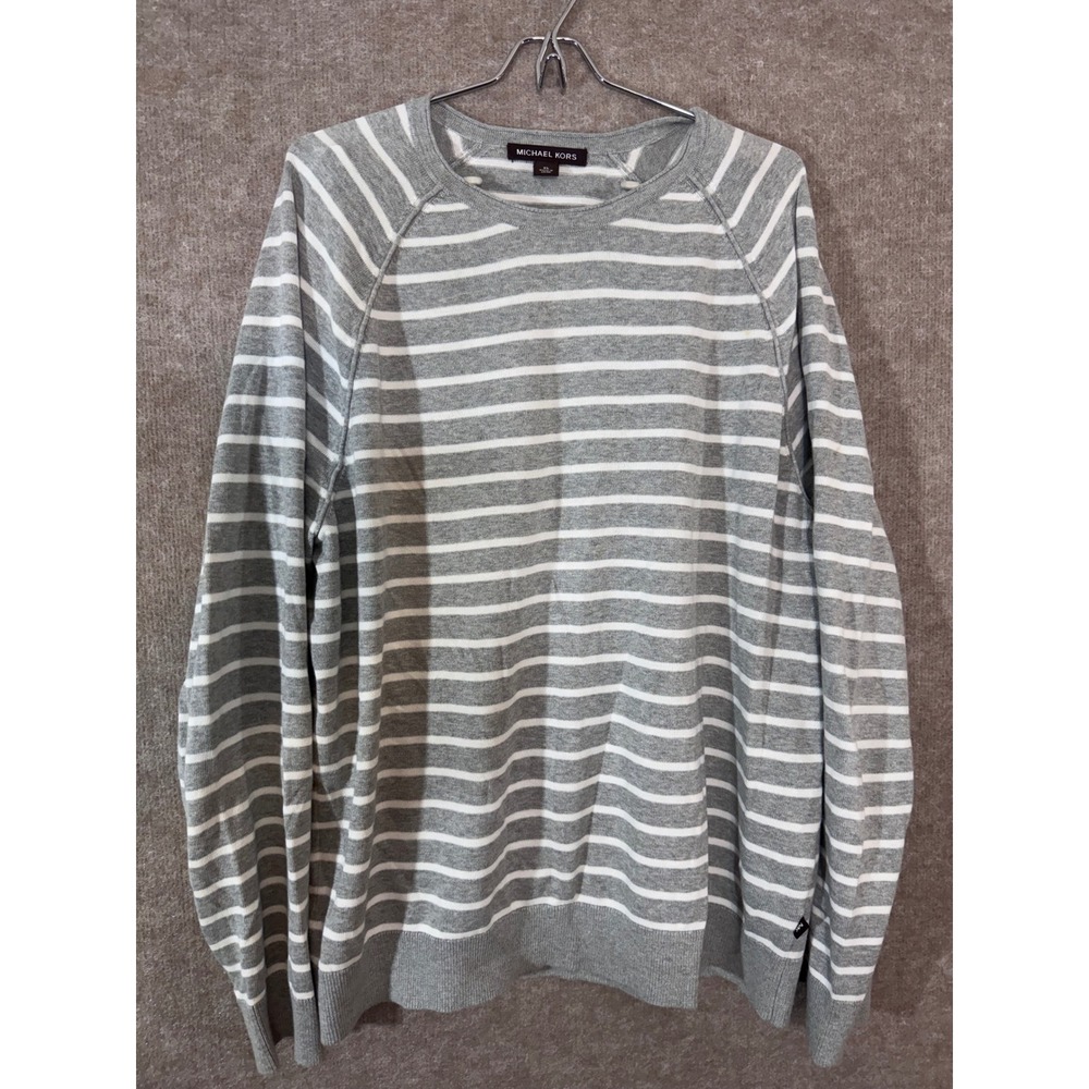 Michael Kors Striped Sweater Mens XL Gray White Cotton Crewneck Preppy